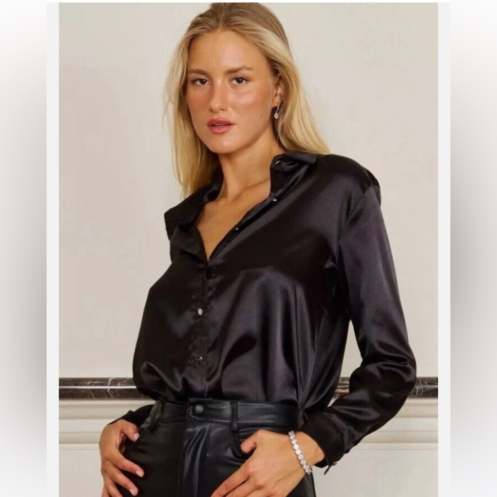 NWT Zara Black Satin button down blouse with two button cuffs.
